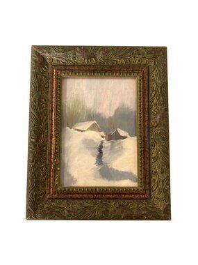 Vintage Winter Landscape Painting In Ornate Green Burnes Frame